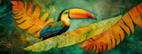 Fototapeta  - Exotic toucan bird art banner with tropical flowers and botanical foliage background. Colorful toco hornbill in paradise for vacation beach travel, cartoon tropics jungle graphic resource by Vita