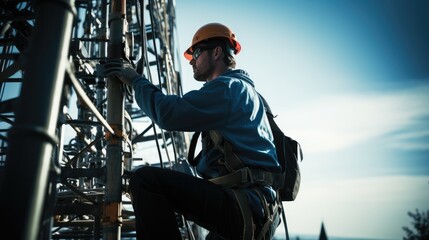 A worker in work climbing an antenna tower.