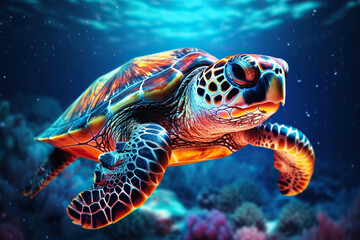 Wall Mural - A turtle swims underwater in neon light. Generated by artificial intelligence