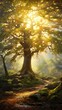 © Postproduction - Ethereal forest landscape with rays of sun piercing through, revealing a peaceful creek. Serenity in nature.