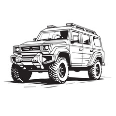 SUV in cartoon, doodle style. Isolated 2d vector illustration in logo, icon style, Eps 10, black and white. AI Generative