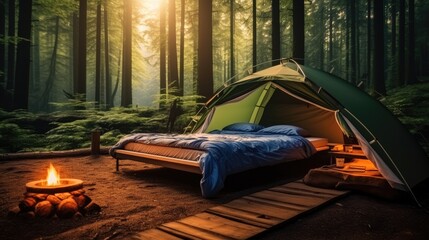 Wall Mural - A camping bed in the middle of the forest with camping tent behind.