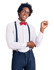 Sticker - Handsome african american man with afro hair wearing hipster elegant look smiling happy pointing with hand and finger to the side