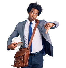 Wall Mural - Handsome african american man with afro hair holding architect hardhat with angry face, negative sign showing dislike with thumbs down, rejection concept