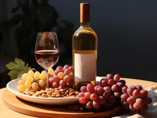 Wall Mural - A wine bottle sitting on a tray, Wine glass, Grapes next to bottle.