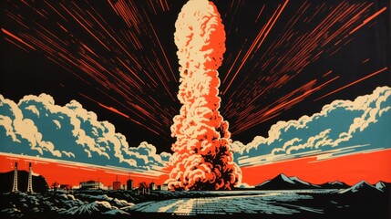 Canvas Print - A poster with a large mushroom cloud in the sky, AI