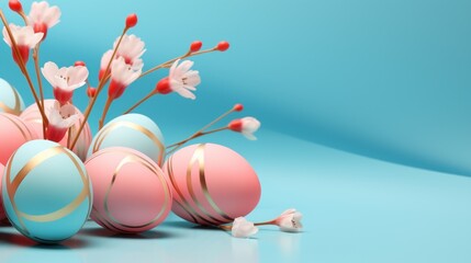 Poster - Easter eggs with flowers on a blue background, AI