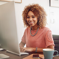 Poster - Portrait, happy or designer with computer for research, editing or copywriting on blog or website. Startup, smile or African woman in office working on internet update, networking or reading news