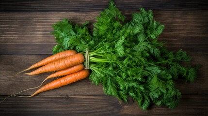 Wall Mural - Carrots on wooden table with green leaves, AI