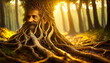 Old twisted roots coming out of the ground, transforming into the face of an old man with a beard and mustache and a large tree. In the background a landscape with a forest at sunrise or sunset.