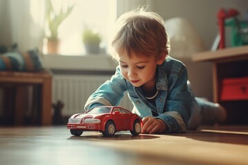 Wall Mural - Cute little child boy playing with red big car toy sitting on the floor in his play room