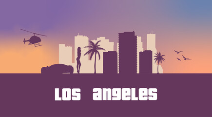 Wall Mural - Los Angeles skyline. California City Landscape. Malibu beach, skyscrappers, buildings. USA silhouette graphic. American vibes. Sunset boulevard. Retro 80's illustration. Street aesthetic.