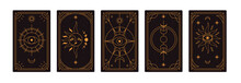 Tarot Card Backgrounds, Back Reverse Side Designs Set. Magic Esoteric Ancient Symbols. Mystic Occult Sacred Celestial Sun, Star, Moon. Flat Graphic Vector Illustration Isolated On White Background