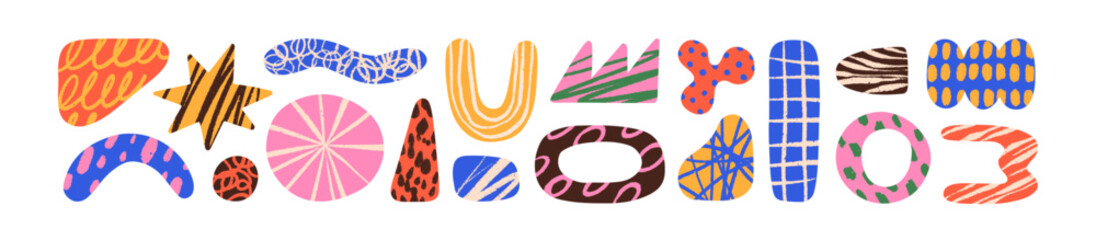 Leinwandbilder - Abstract doodle shapes set. Modern cute geometric design elements with trendy creative scribble textures, lines and hand-drawn patterns. Colored flat vector illustrations isolated on white background