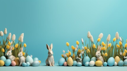 Canvas Print - Easter bunny and easter eggs on blue background, AI