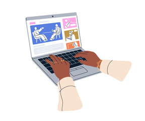 Wall Mural - watching online video on laptop screen, commenting. hands work on computer keyboard. internet webina