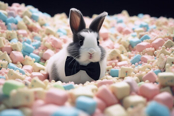 Aufkleber - A marshmallow bunny nestled on a bed of cookie crumbs, wearing a licorice bowtie.