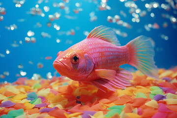 Aufkleber - A jelly-filled fish made of gummy scales, swimming in a sea of rainbow sprinkles.