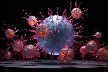 Leinwandbilder - Abstract depiction of various virus morphologies in a rhythmic dance, reflecting the ongoing exploration of virology.