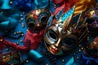 Collection of carnival masks with glitter and colorful decorations, arranged artistically on a vibrant background, showcasing variety and creativity