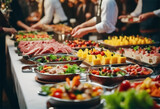 Fototapeta  - Gastronomia Multicolore- Buffet con Carni, Frutta e Verdure in Ristorante