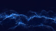 Dynamic blue wave of particles. Abstract futuristic background. Big data visualization. 3D rendering.