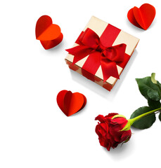 Wall Mural - Valentine's Day design elements isolated on white background. Golden gift box with Red silk ribbon bow, Red Rose Flower and Pairs of Red Hearts, with natural transparent shadow on transparent backgrou