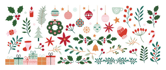 merry christmas and happy new year element vector. collection drawing of holly plant, christmas tree