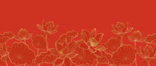 Red Chinese Background Pattern Withe Lotus Line Arts For New Years Celebrations Oriental Background. Vector Illustration

