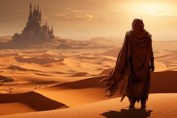 Wall Mural - A man in a desert with an ancient castle, AI