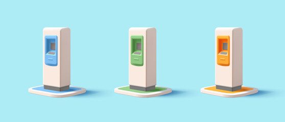 3D render cartoon ATM machine, realistic screen and buttons, set in different colors