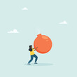 The girl is carrying a huge bomb. The concept of a heavy burden, debt. Vector illustration in flat style.
