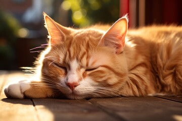 An orange cat laying on a wooden floor, AI