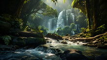 Waterfall In The Mountains, Abstract Background With Jungle And Waterfall Lake Or River Palms And High Trees Lush Greenery Bushes Tropical Plants Summer Wallpaper Horizontal Illustration For Banner De