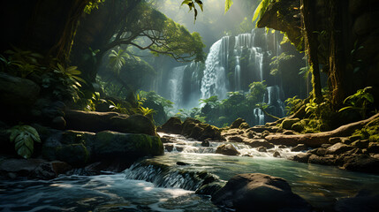 waterfall in the mountains, Abstract background with jungle and waterfall lake or river palms and high trees lush greenery bushes tropical plants Summer wallpaper Horizontal illustration for banner de
