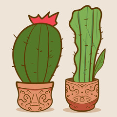 Plant room green cactus. Cute green cactus in flower pots Flat, cartoon style. Vector illustration white background. Element design.