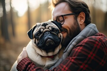 Wall Mural - A man enjoys a moment of friendship with his cute puppy outdoors, showing love and companionship.