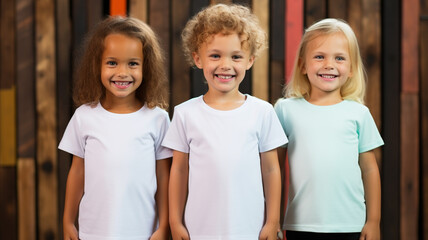 Wall Mural - Little boys and girl wearing white t-shirts standing on colorful background