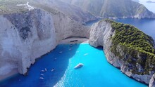 Greece Ionian Island Zakynthos. Navagio Beach Bay And Cliffs Aerial Landscape