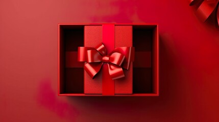 Wall Mural - Red Gift Box with Red Ribbon and Bow on Red Background