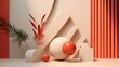 © Sumera - 3d rendering of abstract geometric forms. Minimal scene with podiums and plants.