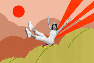 Sticker - Collage 3d image of pinup pop retro sketch of young funny female skating skateboard down hill rise hands bizarre unusual fantasy billboard