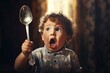 little boy with a shocked expression with a ladle in his hand
