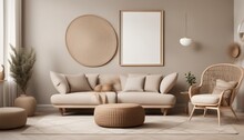 Living Room Interior With Mock Up Poster Frame, Beige Sofa, Round Wooden Coffee Table, Rug, Pouf, Vase With Rowan, Rounded Shapes Armchair, Braided Plaid And Personal Accessories. Home Decor. Template