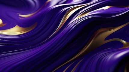 Wall Mural - 3D violet with gold liquid background, fluid splash, swirl on dark. Close up glossy texture. Mix color liquid splashes