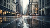 Fototapeta  - A hyper-detailed portrayal of a business district during a rainy day, with reflections bouncing off the wet pavement