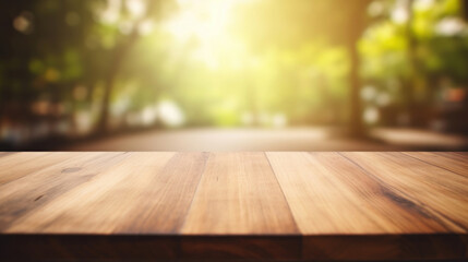 Wall Mural - Empty wooden table and blurred background of city park with bokeh