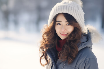 Wall Mural - Portrait of a cheerful beautiful young woman in warm clothes. Outdoor. Winter snowing weather. Smiling and calm. Long curly hair. Urban snowing winter beauty fashion concept. Generative Ai content