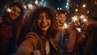 Group of friends enjoying out with sparklers, Young women and men enjoying with fireworks, Happy friends celebrating holding sparklers, generative ai