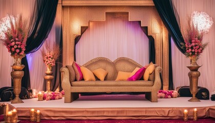 Arabian style stage decoration with flowers, props and lights and a couch